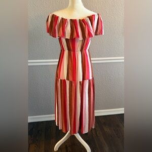 THML Boho Off Shoulder Ruffle Stripe Tiered Midi Dress Pink Rust Cream Size L